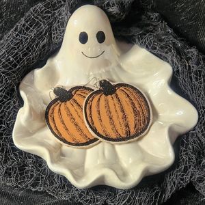 NEW. Handmade wood pumpkin earrings